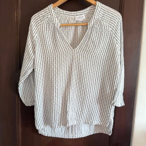 VELVET by Graham & Spencer | White Gauze Striped Split neck Boho Top | Small - Picture 1 of 7
